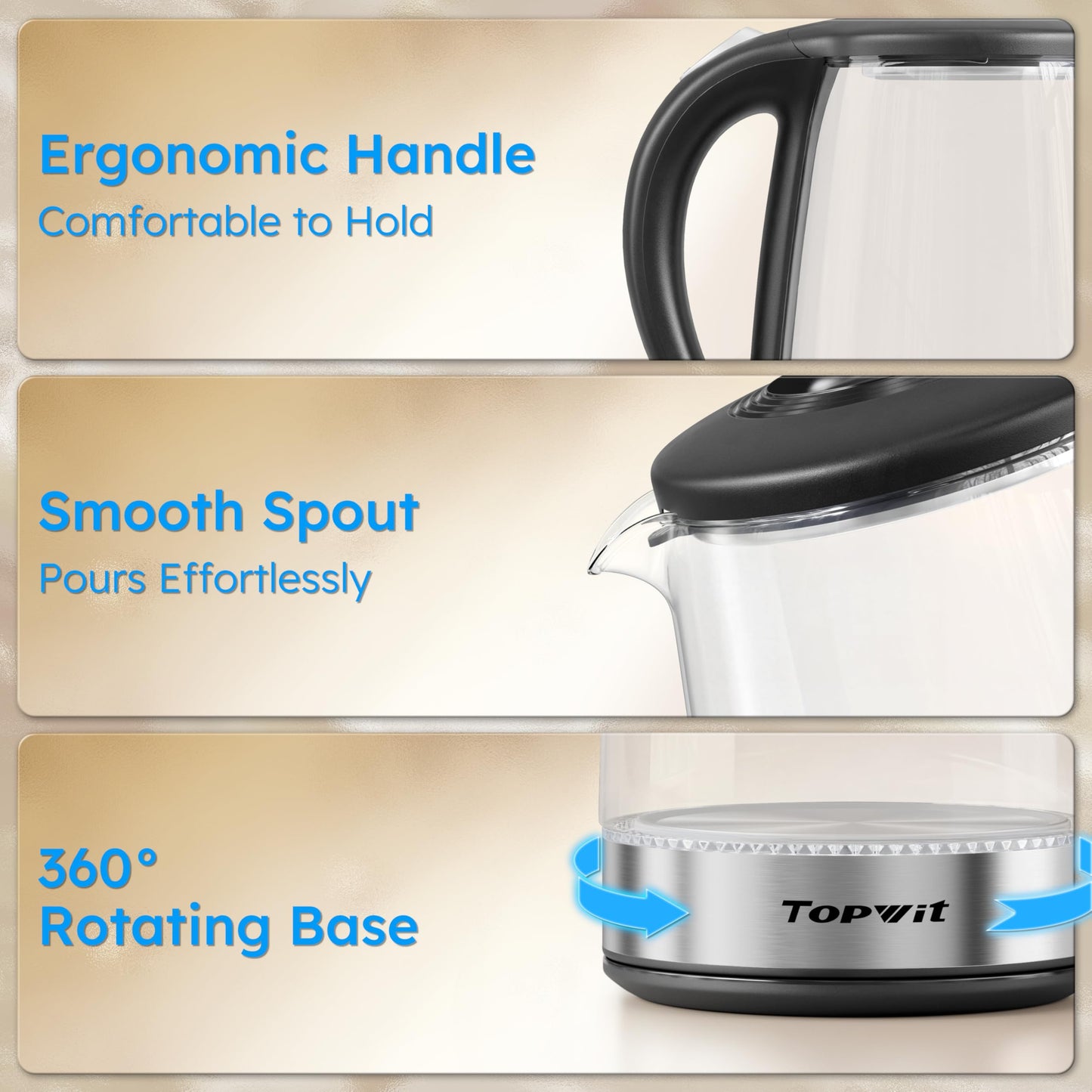 TOPWIT Electric Kettle Glass Hot Water Kettle, 2.0L Water Warmer, BPA-Free Stainless Steel Lid & Bottom, Tea Kettle with Fast Heating, Auto Shut-Off & Boil Dry Protection