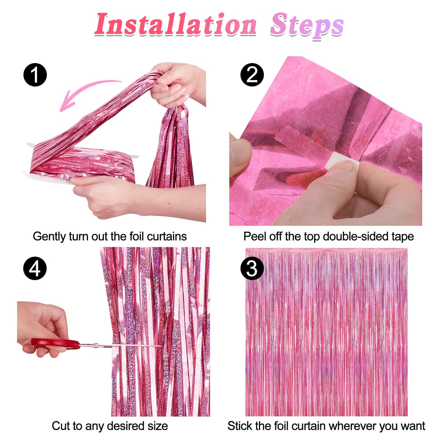 8 Pack Pink Backdrop, 3.28 FT x 7.05 FT Fringe Curtains, Metallic Glitter Pink Fringe Party Streamer Foil Curtains Tinsel Backdrop, Pink Decorations Bachelorette Valentines Day Party Supplies