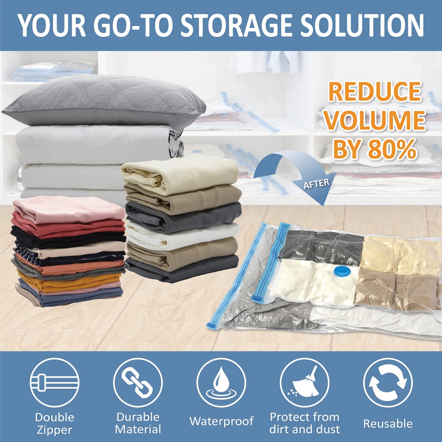 Cozy Essential Vacuum Storage Bags, 80% Compression Vacuum Seal Space Saver Plastic Packaging Bags for Clothes, Blankets, Pillow, Bedding, Comforters, Sealer Clothing Storage,16 Combo