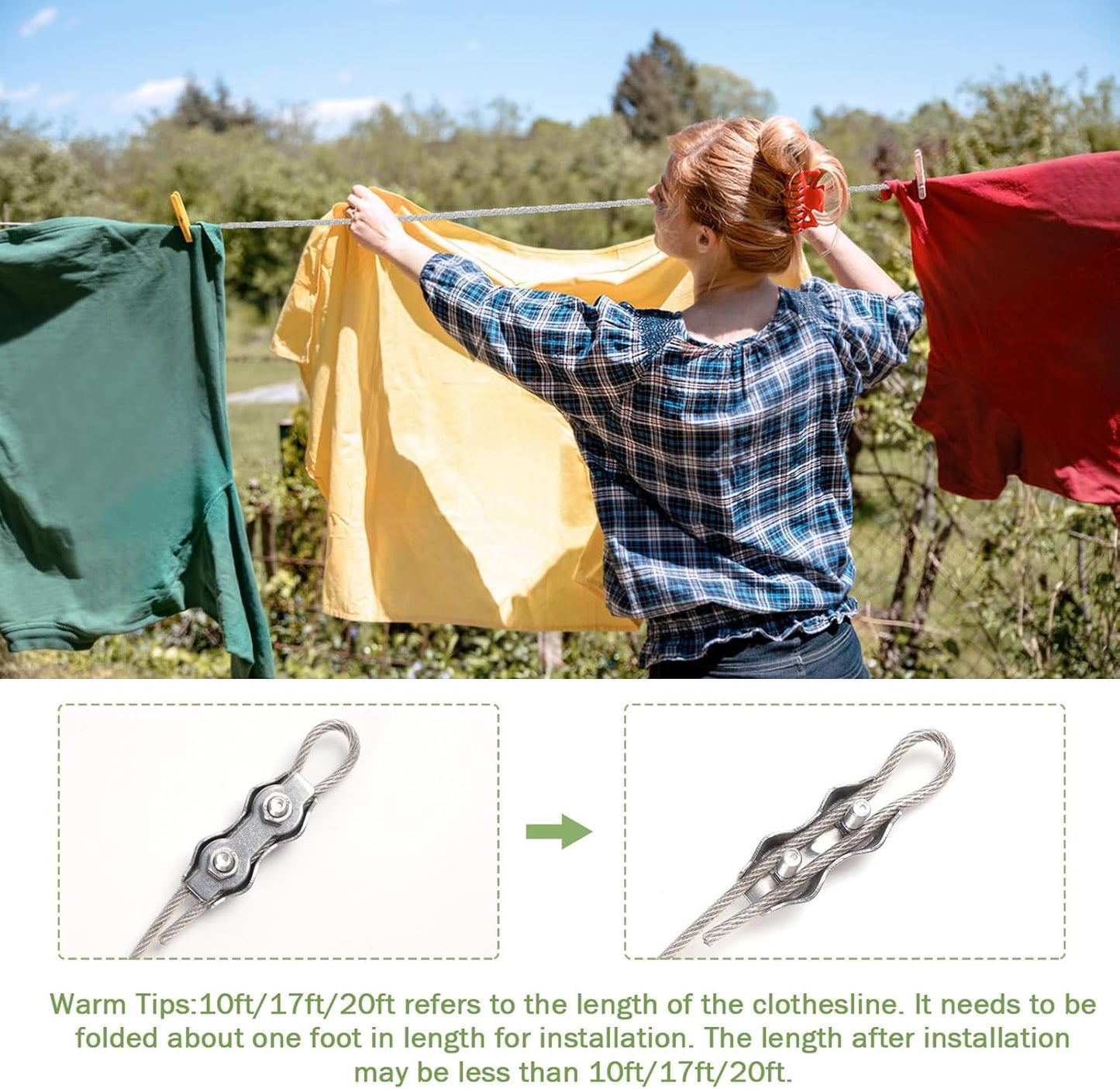 Heavy Duty 17.4FT Stainless Steel Clothesline - Windproof Outdoor Clothesline for Hanging