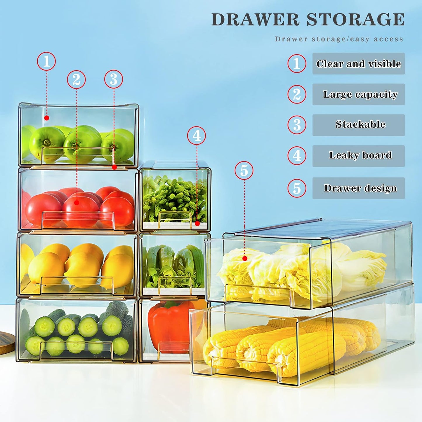 Mano Clear Fridge Drawer Organizers - Stackable Plastic Storage Bins for Kitchen & Pantry (2-Pack, Large)