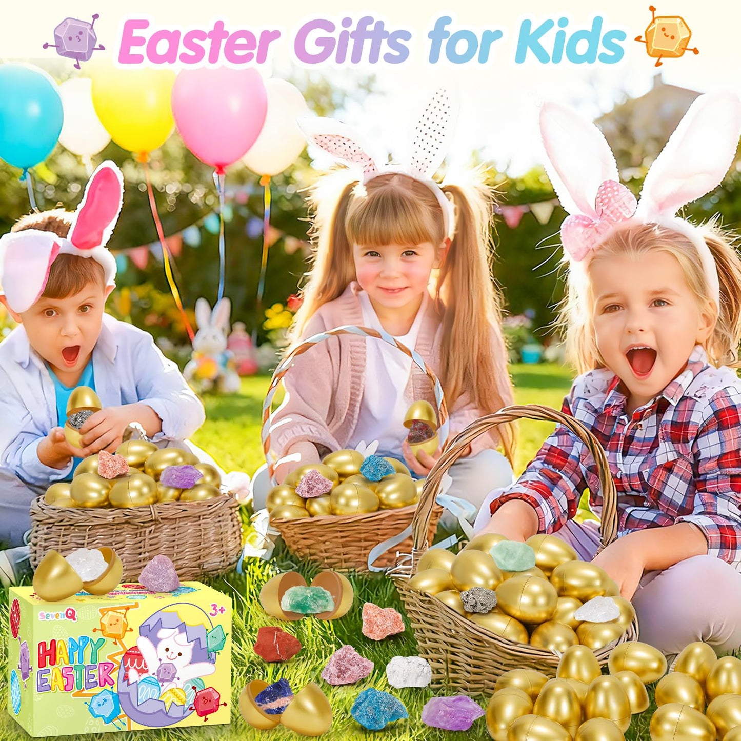 SevenQ Easter Basket Stuffers Easter Egg Fillers with Crystal Gems Rocks Raw Stone 24Pcs, Gemstones Rock Collections for Kids Easter Decorations Goodie Gifts Bags Hunt Supplies Party Favors Essentials