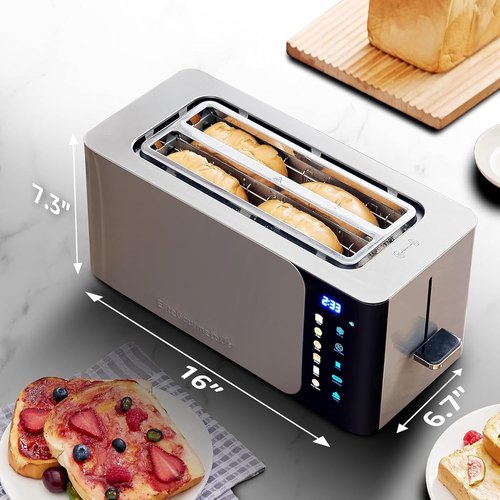Elite Gourmet SmartToast 4-Slice Digital Toaster - 1.5” Wide Slots for Thick Breads & Bagels, LED Touch Screen, Countdown Timer, Stainless Steel