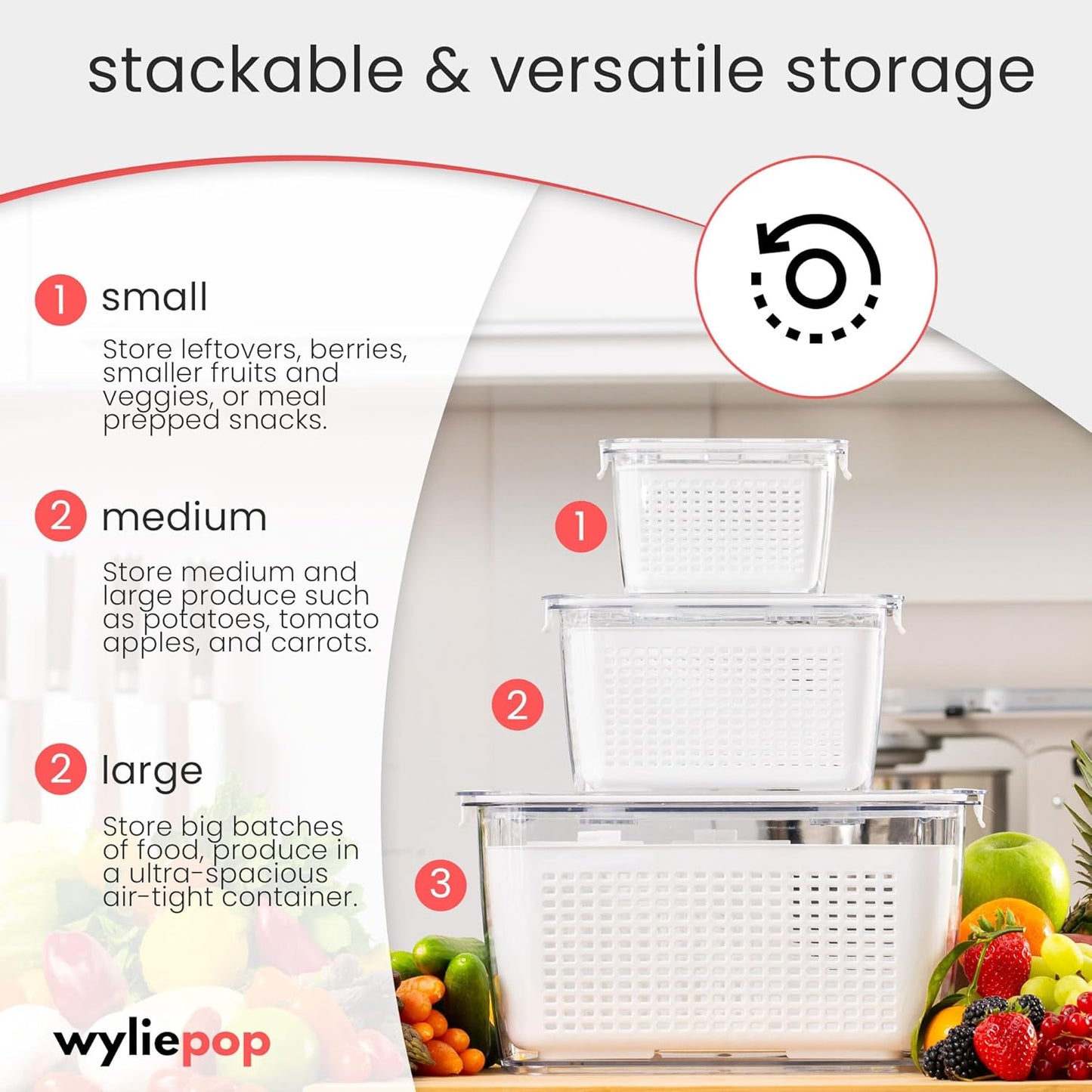 Premium Fruit Storage Containers - 3-in-1 Produce Organizer with Strainer & Colander | Large Clear Set of 3