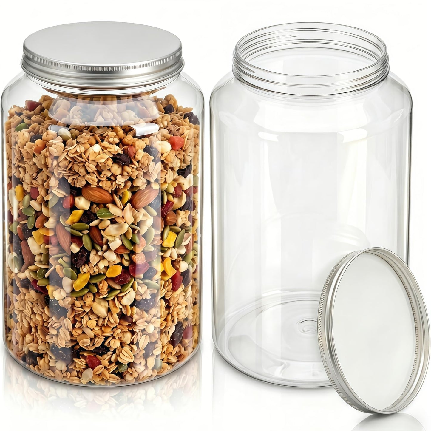 Tlence 2 Pack 1 Gallon Clear Plastic Jars, Large Food Storage Containers with Aluminum Lids, BPA Free Wide Mouth Mason Jug for Sourdough Starter, Dry Goods, Cookie, Candy, Fermenting, Pickling