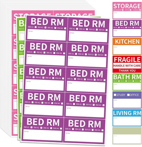 340 Home Moving Labels - Color-Coded Packing Box Stickers with Fragile & Customizable Options | 3.4 x 2 Inches
