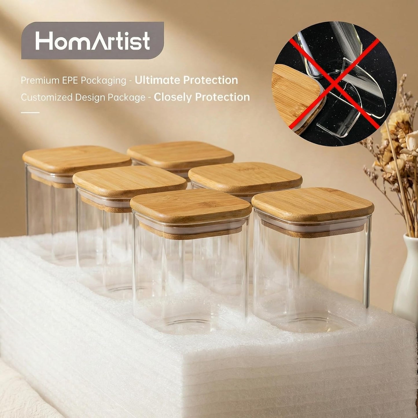 Square Glass Jars 4-Pack by [Brand Name] - Airtight Food Storage Containers with Bamboo Lids | 42oz & 27oz Sizes for Cereal, Pasta, Rice, and More