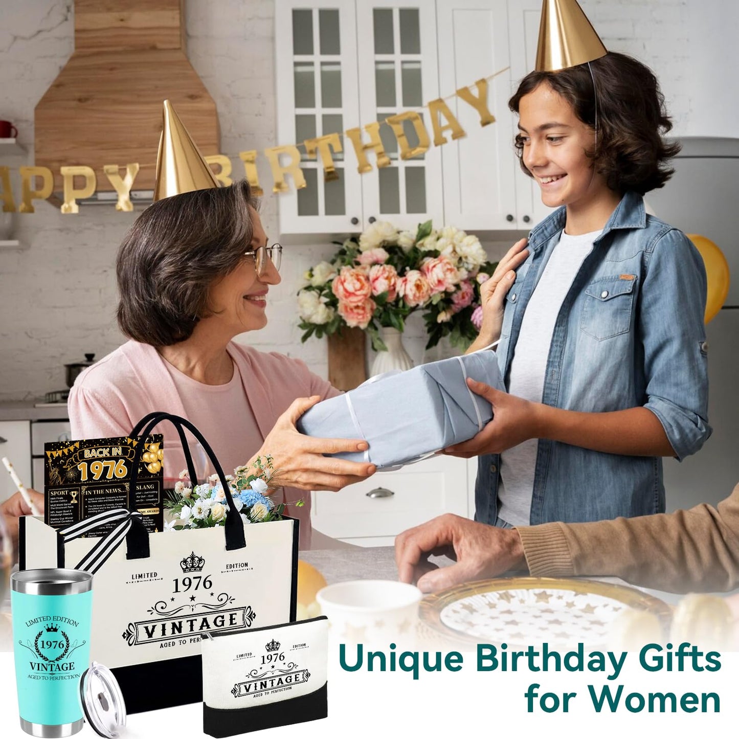 TrophyToast 50th Birthday Gifts for Women Her- 4 pcs, Turning 50 Year Old Gifts, Decorations Canvas Beach Tote Bag & Makeup Bag, Unique Happy 50th Present for Her Mom Wife Friends