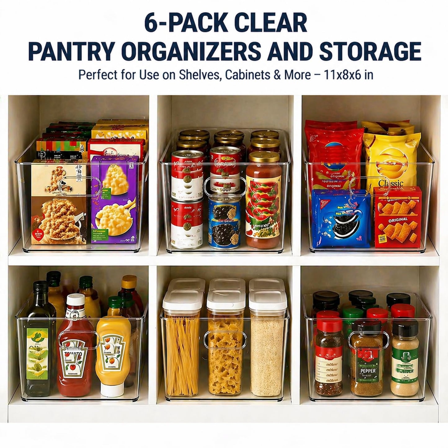 MOONEDGE Open Clear Plastic Storage Bins Stackable Organizer Containers with Handles for Kitchen, Pantry, Fridge, Cabinet, Closet Storage & Home Organization 6 Pack（11 x 8 x 6 in）