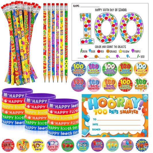 180 Pcs 100 Days of School Awards Set,Happy 100th Day Certificate of Award Rubber Bracelets Wristbands Coloring Posters Pencils 100 Days Smarter Badges Pins Stickers for School Party Gift Favors