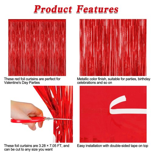 2 Pack Red Tinsel Backdrop, 3.28 FT x 7.05 FT Fringe Curtains, Red Foil Tinsel Party Streamer Backdrop Curtains for Valentines Day, Wedding Photo Backdrop Party Decorations for Wedding Anniversaries