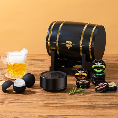 Electric Whiskey Smoker Kit with Wooden Display Barrel, Rechargeable Cocktail Smoker Kit with 6 Premium Wood Chips for Old Fashioned & Whiskey – Bar Gift for Men, Dad, Husband (No Butane Needed)