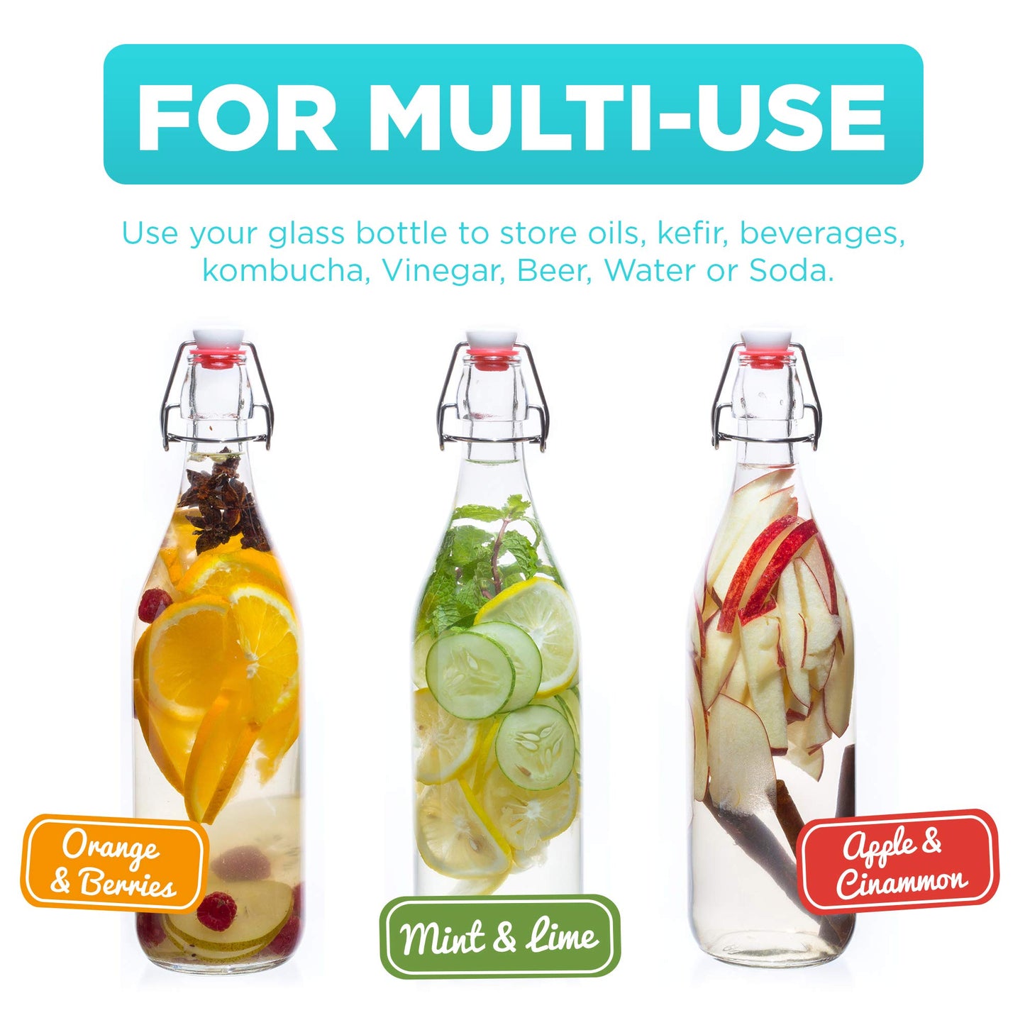 Swing Top Glass Bottles [1 Liter / 33 fl. oz.] [Pack of 4] – Flip Top Coquito Bottles for Kombucha, Fermentation, Beer, Kefir, Wine – Airtight Stopper Lids with Extra Gaskets, Funnel, Labels & More