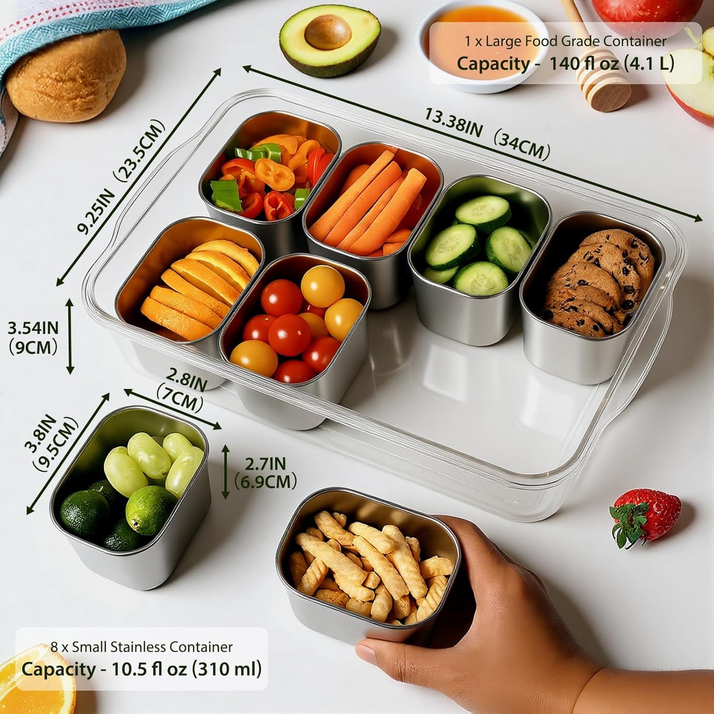 Snackle Box Stainless Steel Snack Container - 8-Compartment Serving Tray with Lid & Handle for Travel