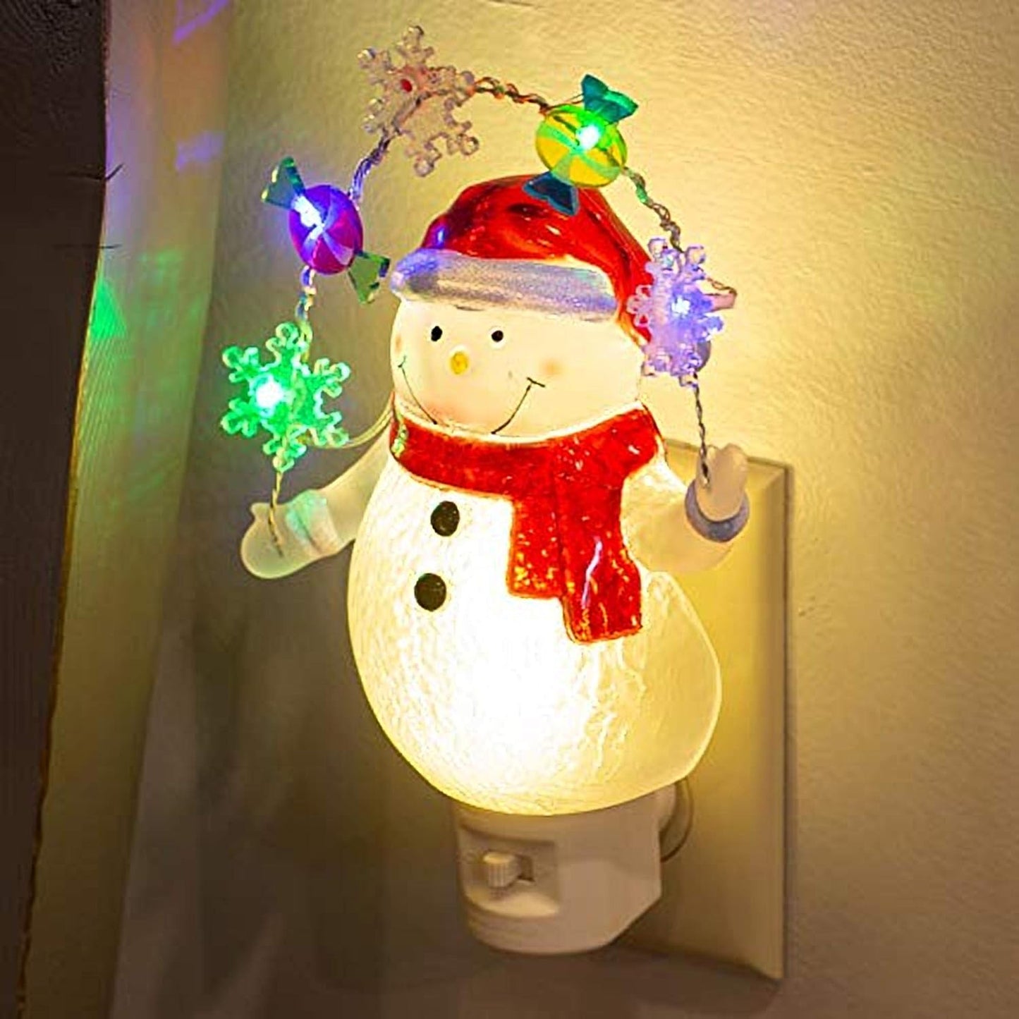 LED Snowman Night Light with Decorative Garland - 7.75 Inch Acrylic Bubble Lamp