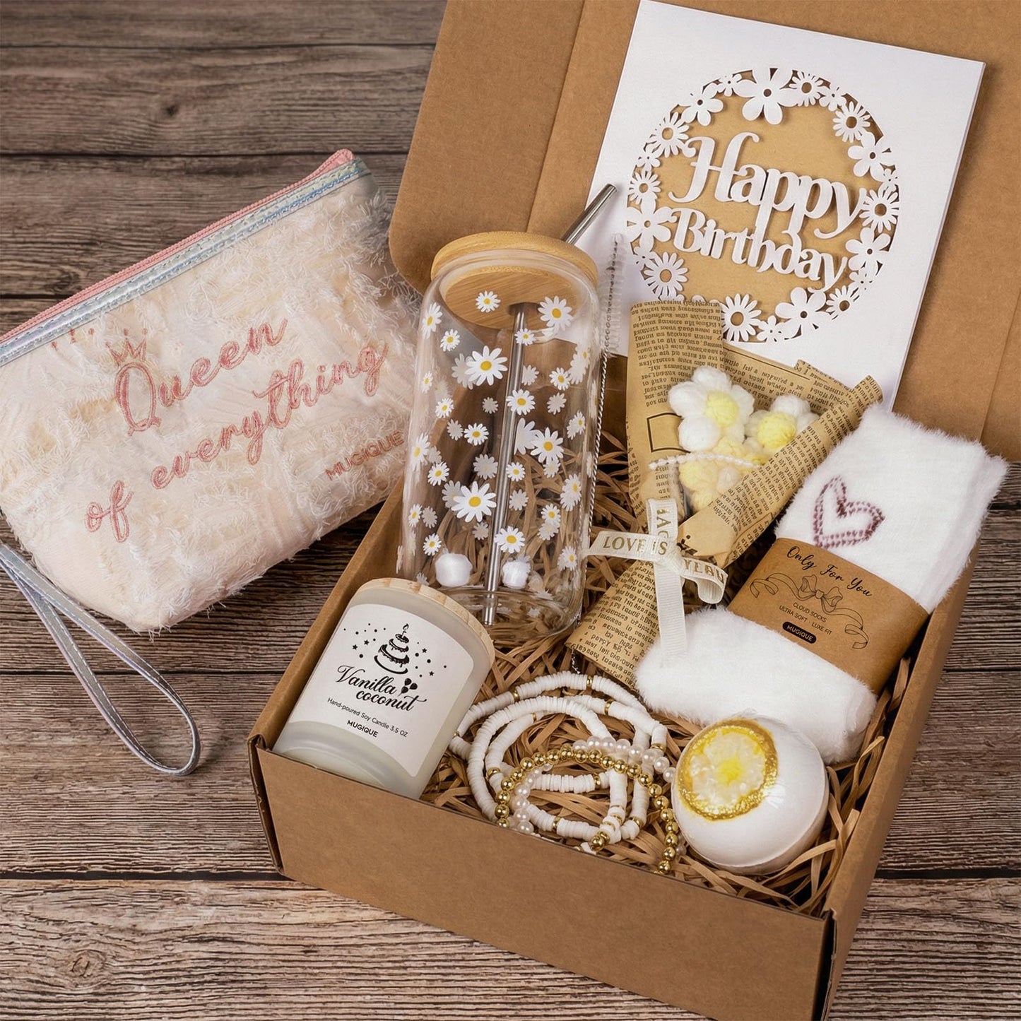MUGIQUE Birthday Gifts for Women, Birthday Gift Basket with Glass Cup, Happy Birthday Gift Box for Women Teen Girl, Gifts for Sister Daughter Best Friend, Self Care Gift Set, White Daisy