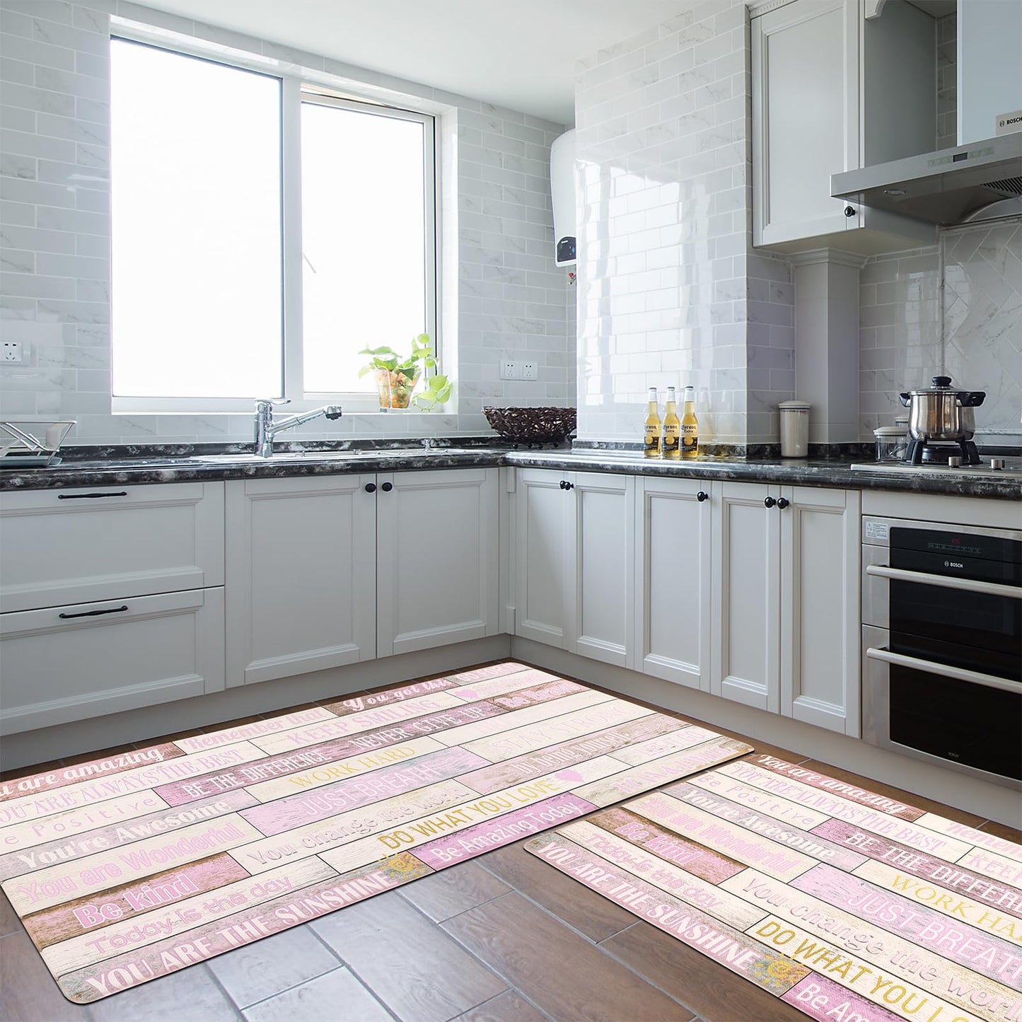 PCSWEET HOME Inspirational Positive Quotes Kitchen Mats for Floor Pink Anti Fatigue Mats for Kitchen Floor Cushioned Waterproof Pink Kitchen Decor Set