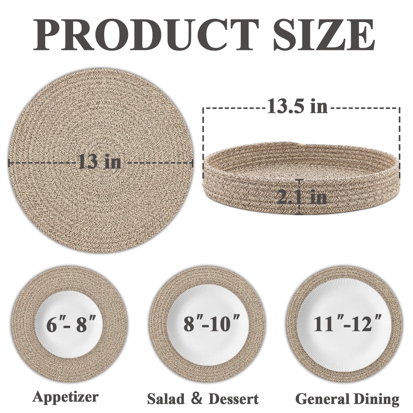 Round Placemats Set of 6 with Holder, Cotton Rope Woven Place Mats, Hot Pads for Kitchen, Heat Resistant Table Mats, 13 Inch Farmhouse Washable Braided Placemat for Kitchen Decor (Brown)