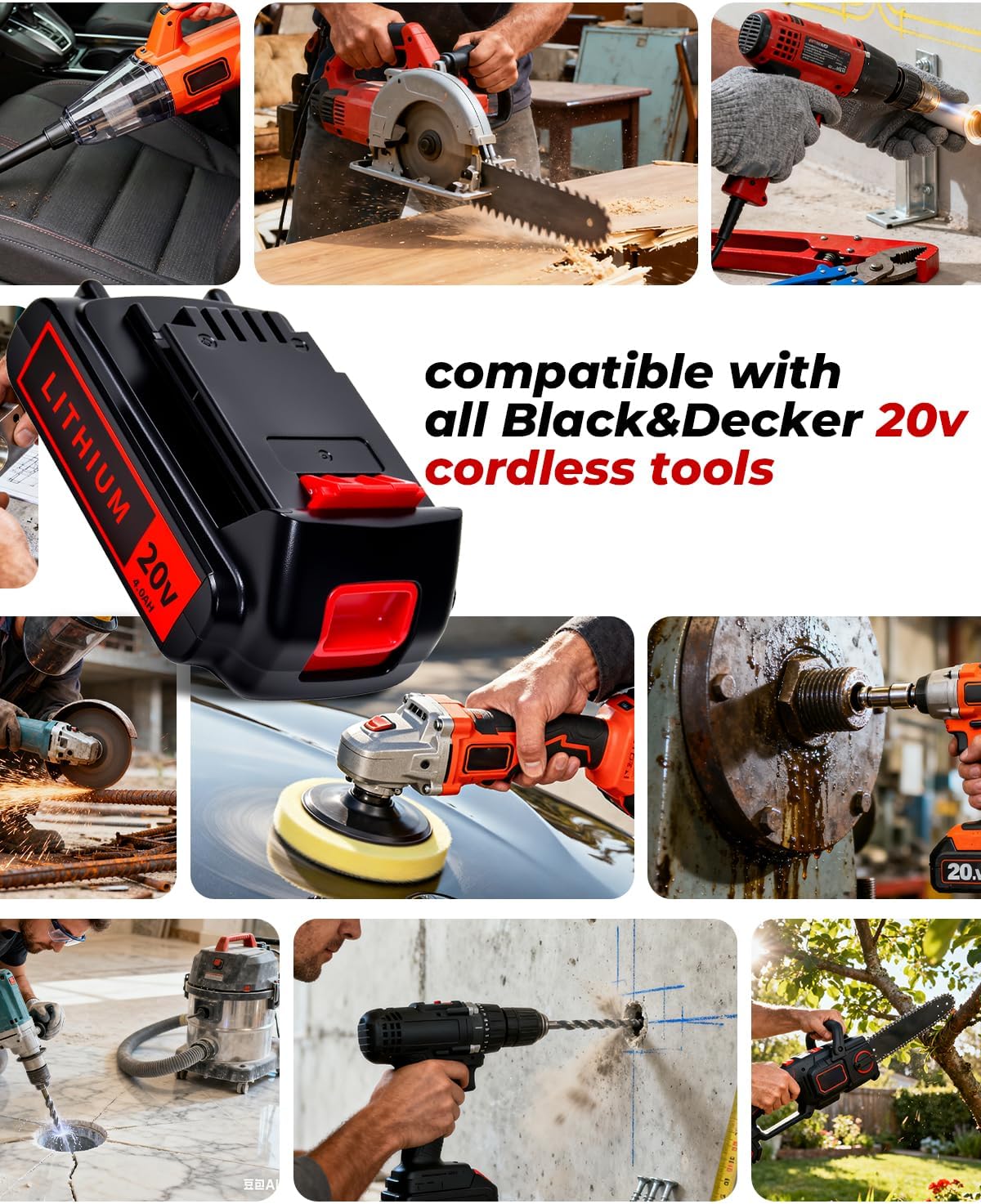 Black and Decker 20V 4.0Ah Lithium-Ion Battery - High-Capacity Replacement, 2-Pack, Compatible with LBXR20 & More