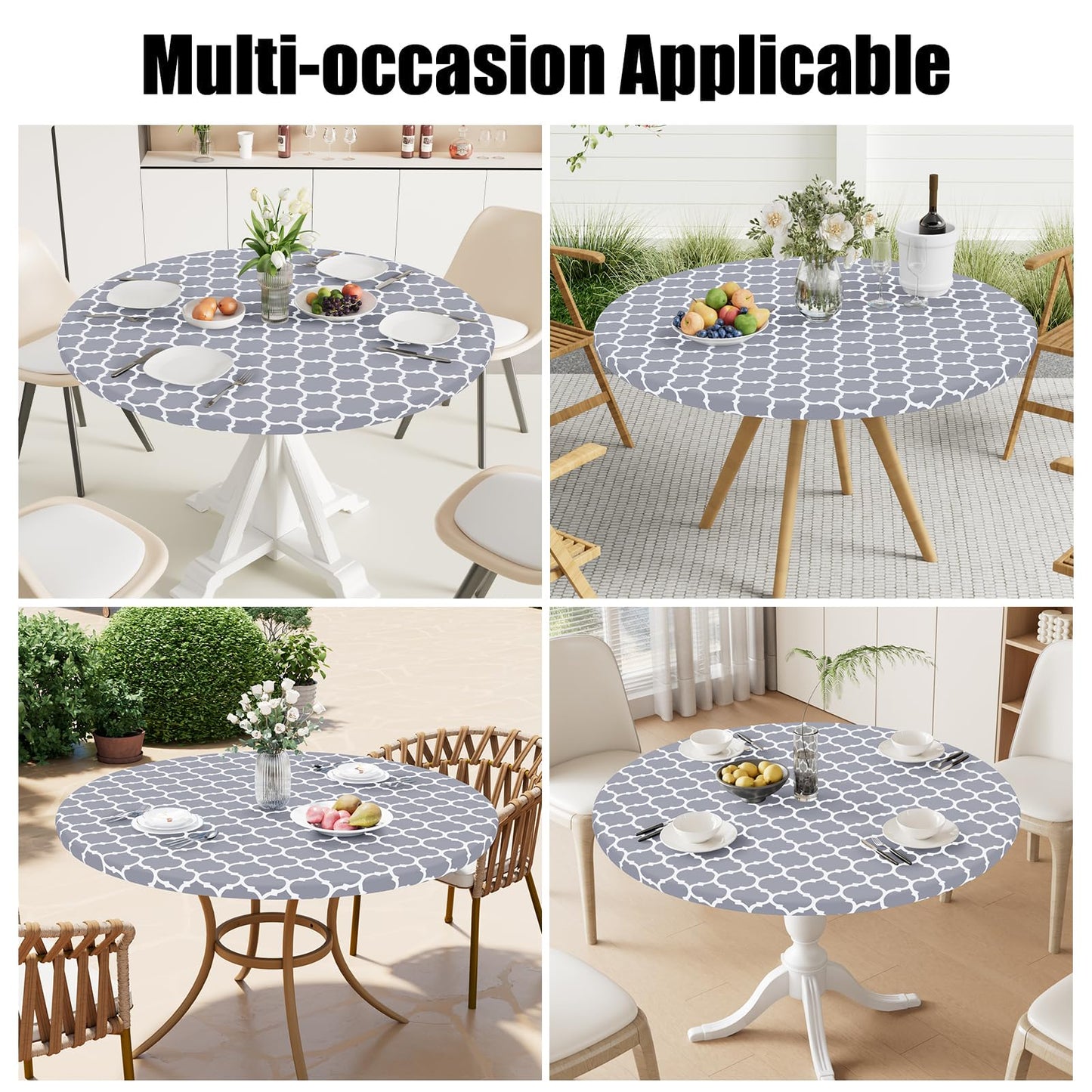 Smiry Round Picnic Tablecloth, Waterproof Elastic Fitted Table Covers for 45" - 56" Tables, Wipeable Flannel Backed Vinyl Tablecloths for Camping, Indoor, Outdoor, Grey & White