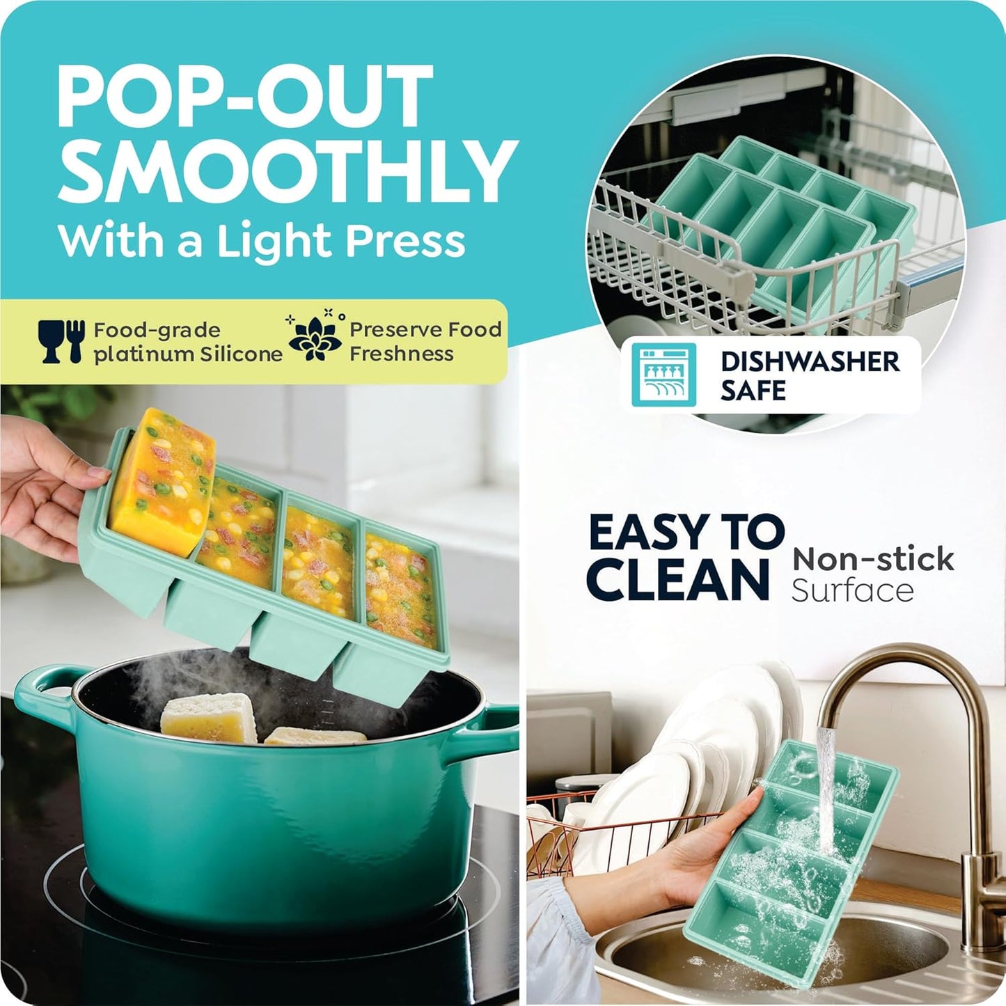 Skiennix Silicone Freezer Trays - Leakproof 1-Cup Ice Cube Containers, BPA Free, 2 Pack for Meal Prep & Leftovers