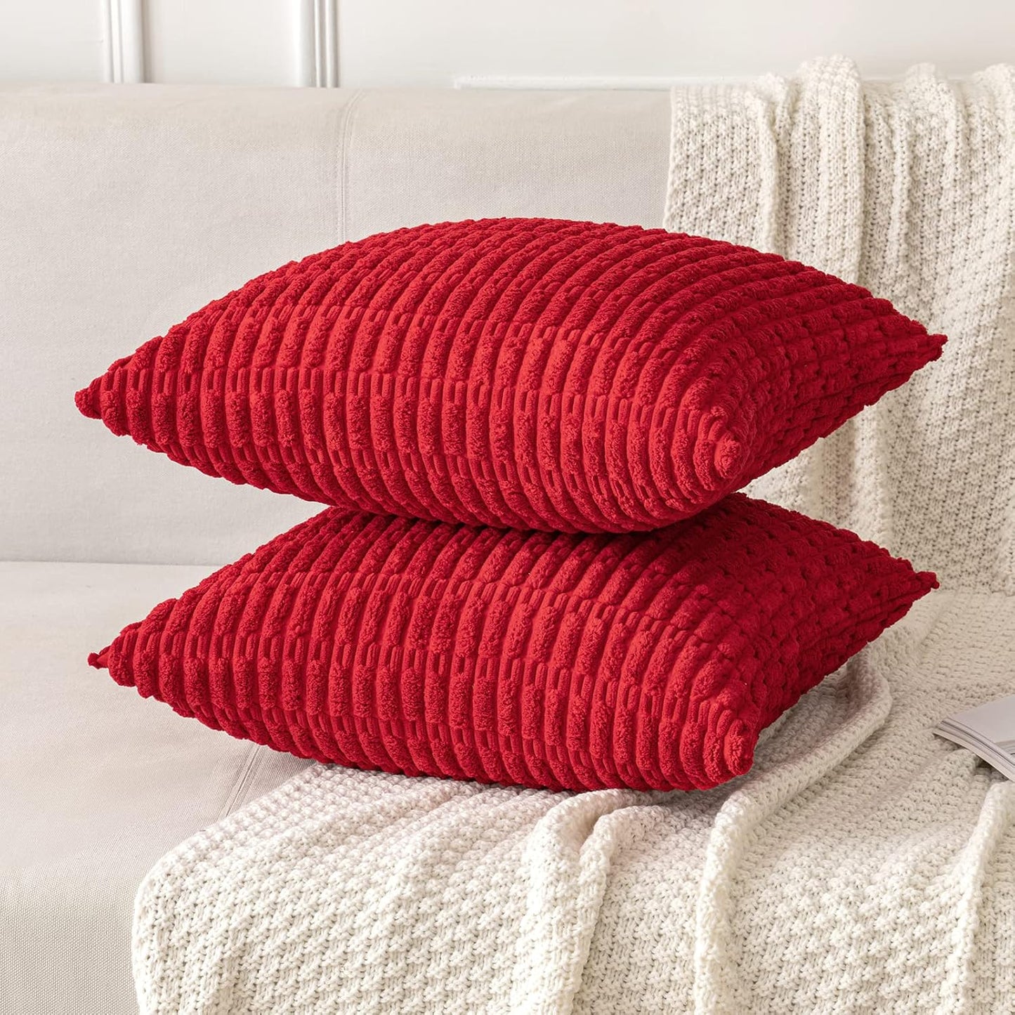 MIULEE Red Corduroy Decorative Pillow Covers - Soft Boho Striped Design | 18x18 Inch for Modern Home Decor