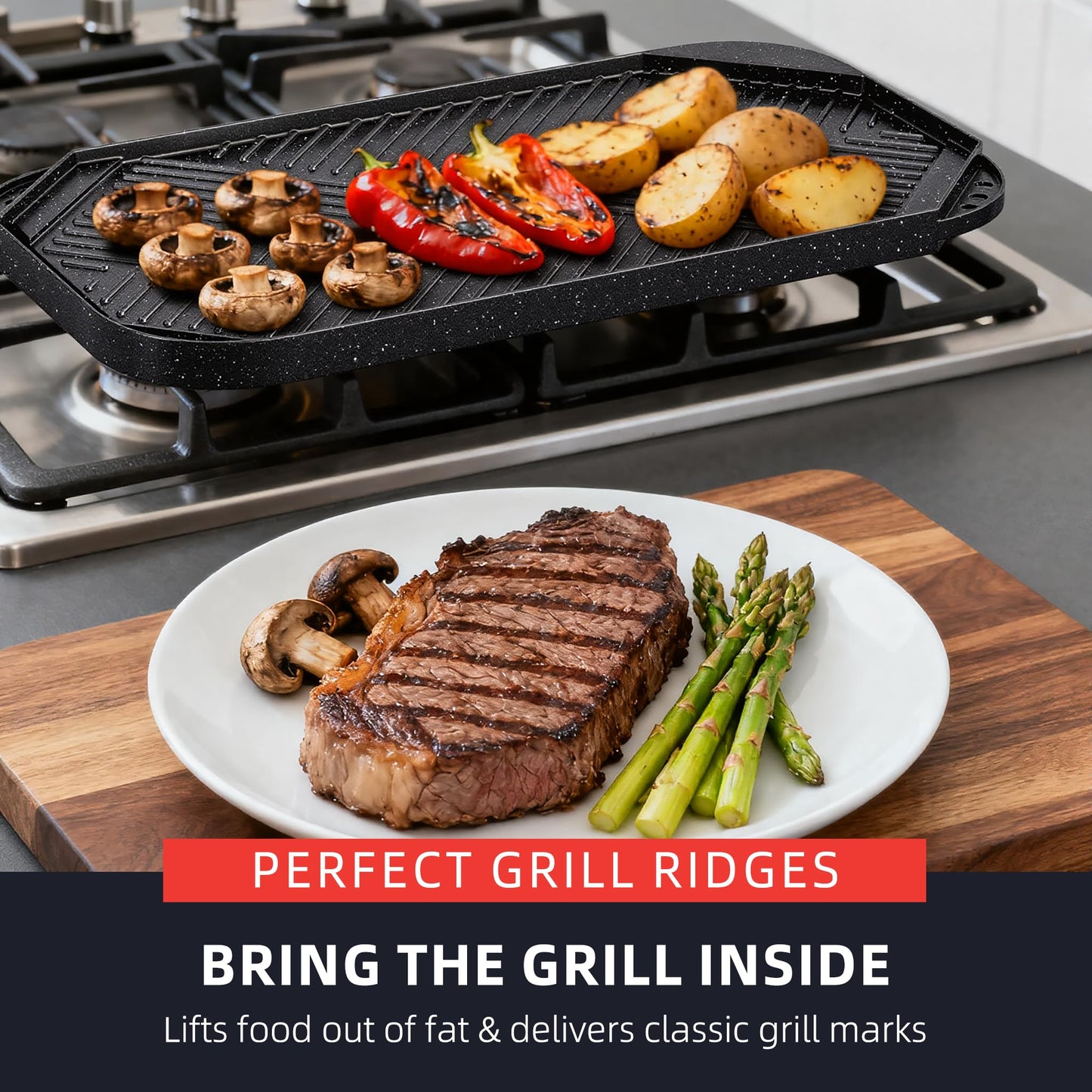 Caannasweis Nonstick Griddle Grill Pan, 19.5" x 11" Reversible Griddle Pan for Stove Top, Grill, or Campfire, Two Burner Cast Aluminum Grill, Rectangular Baking Flat and Ribbed Griddle Plate