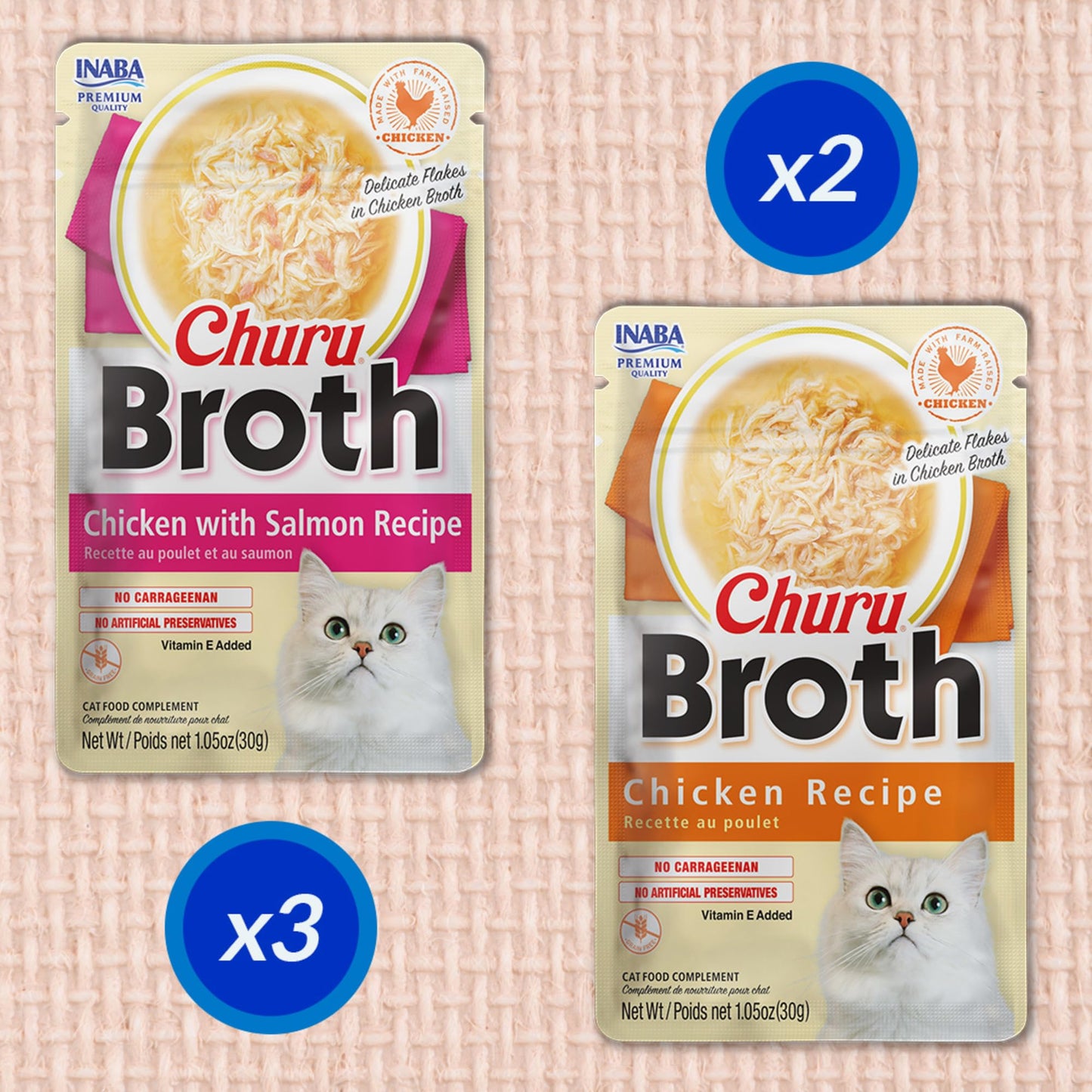 INABA Churu Broth for Cats, Creamy Purée Side Dish Pouch, 1.05 oz Pouches, 15 Pouches Total, Chicken Variety