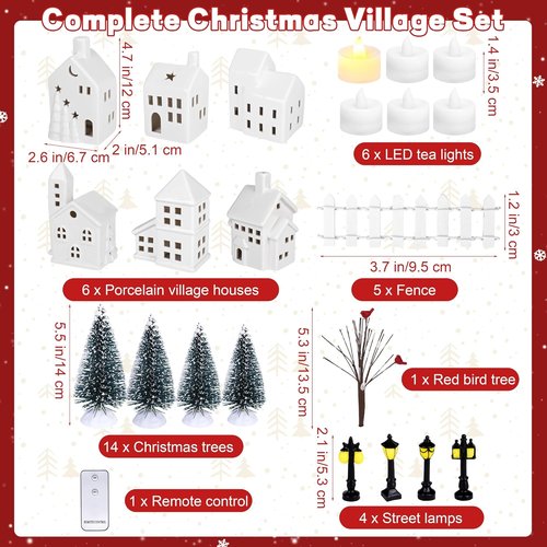 Fovths Christmas Village Set - 37-Piece Lighted Porcelain Houses with Remote Control LED Tealights | Winter Decor