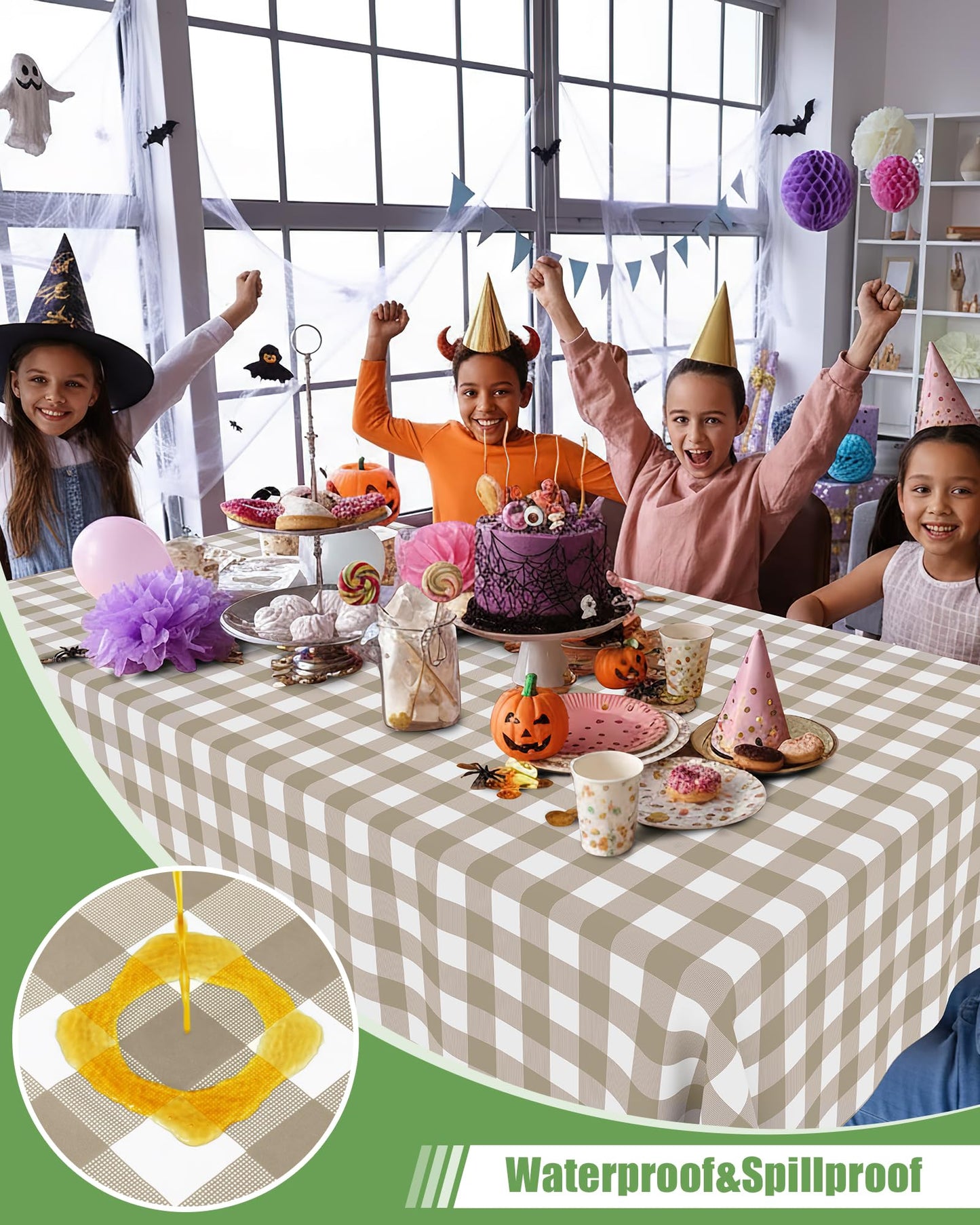 Smiry 8 Packs Gingham Disposable Table Cloth, 54 x 108 Inch Waterproof Plastic Tablecloth, Rectangle Khaki and White Checkered Table Covers for Outdoor, Birthday, Party
