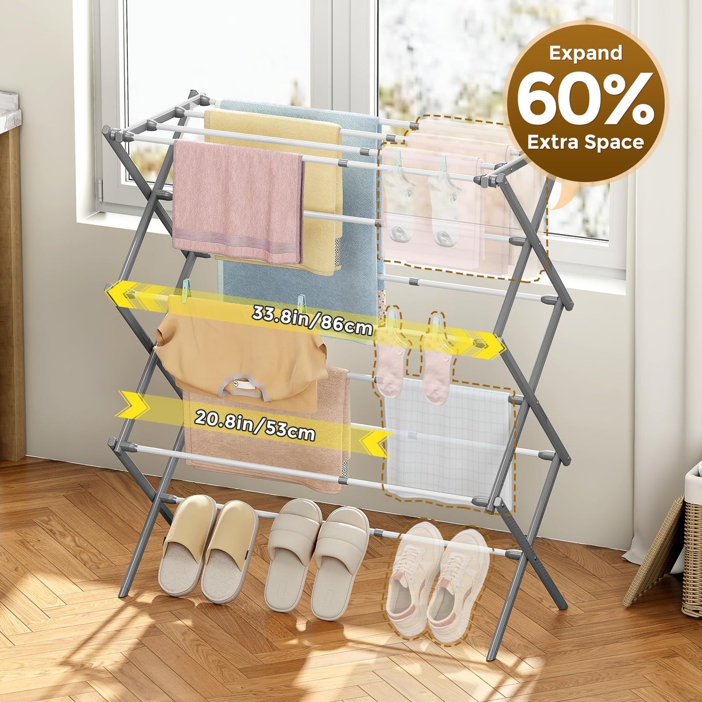 KINGBOARD Clothes Drying Rack, Collapsible Drying Rack Clothing with 11 Poles, 3-Tier Laundry Drying Rack, Small Clothes Drying Rack Foldable for Baby Clothes, 25lb Capacity, White & Grey