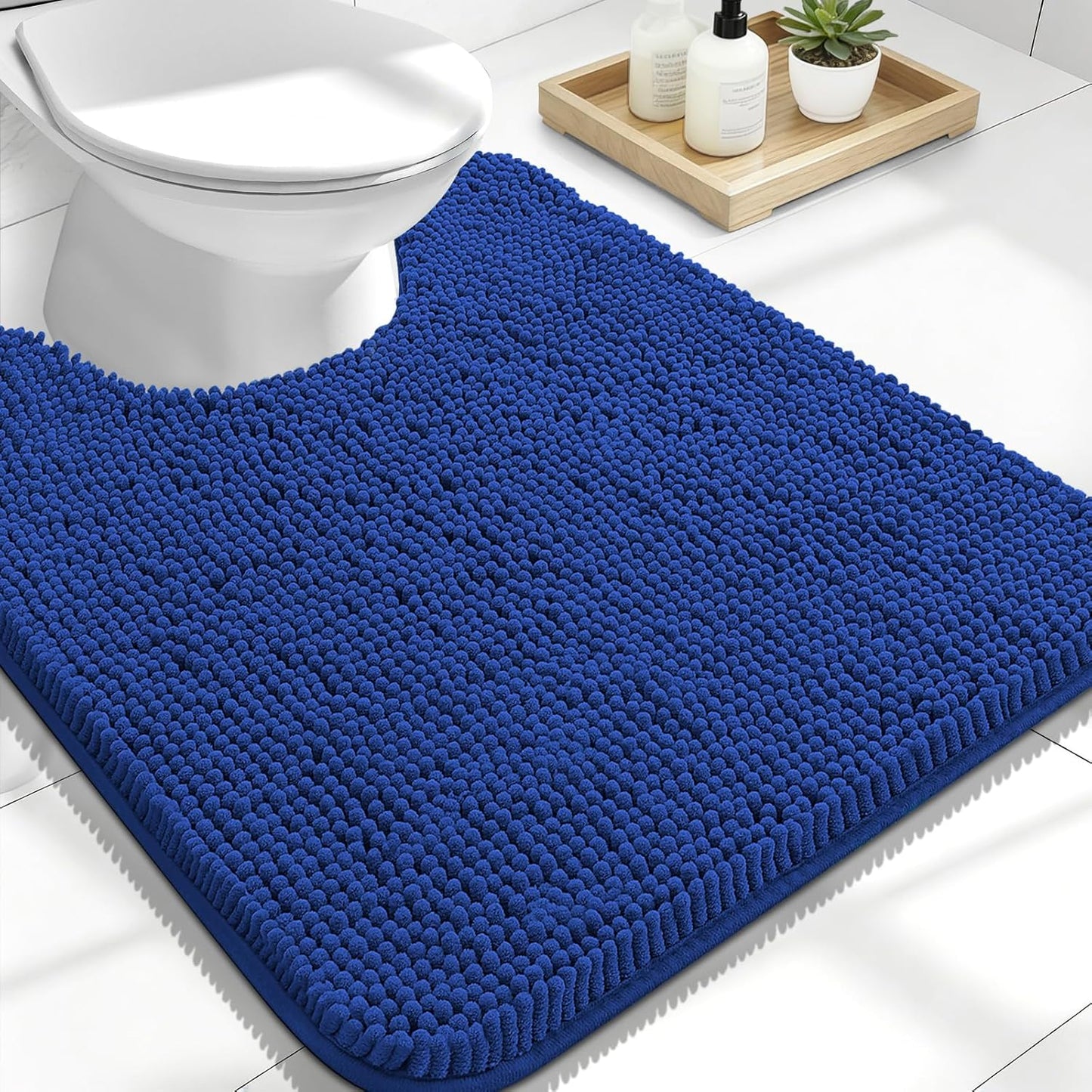 OLANLY U-Shaped Toilet Rug - Extra Soft Chenille Bathroom Mat | 24x20, Quick-Dry, Non-Slip, Royal Blue