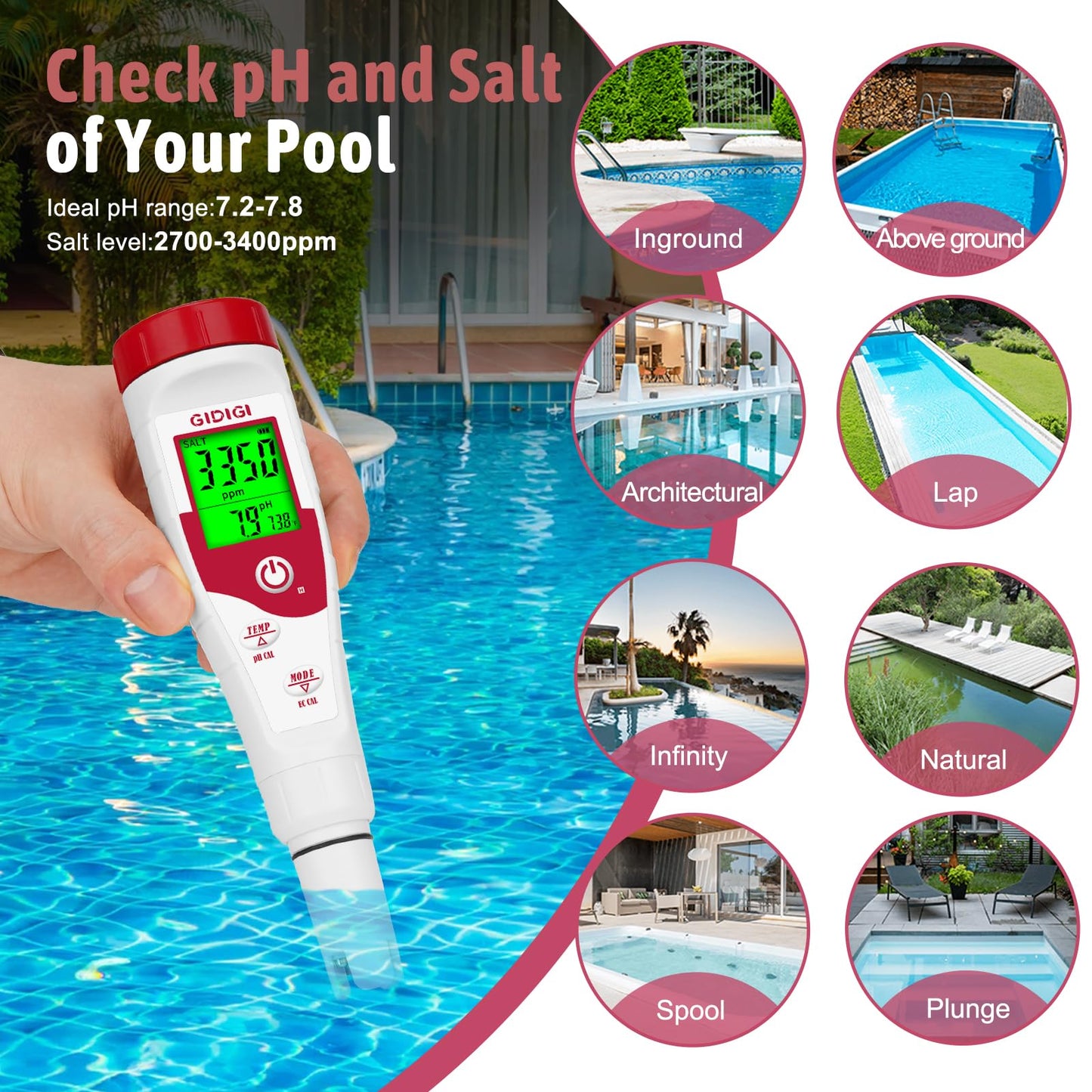 GIDIGI Pool Salt Tester pH Meter New Update Digital pH Tester Salinity Meter with Multiple Parameters Display for Pool Water Quality TDS EC Salt Meter for Saltwater Hot Tub&Spa Inground Pool Aquarium