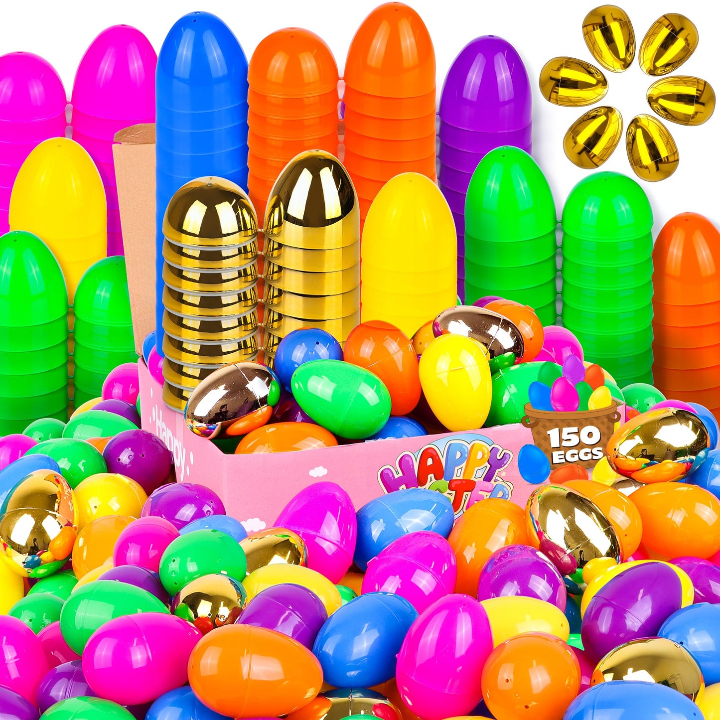 NAWITDA 150 Pack 3 Inch Large Easter Eggs Bulk Include 6 Surprise Golden Eggs, Bright Colors Fillable Empty Plastic Easter Egg for Easter Hunt, Easter Basket Fillers, Easter Party Favors