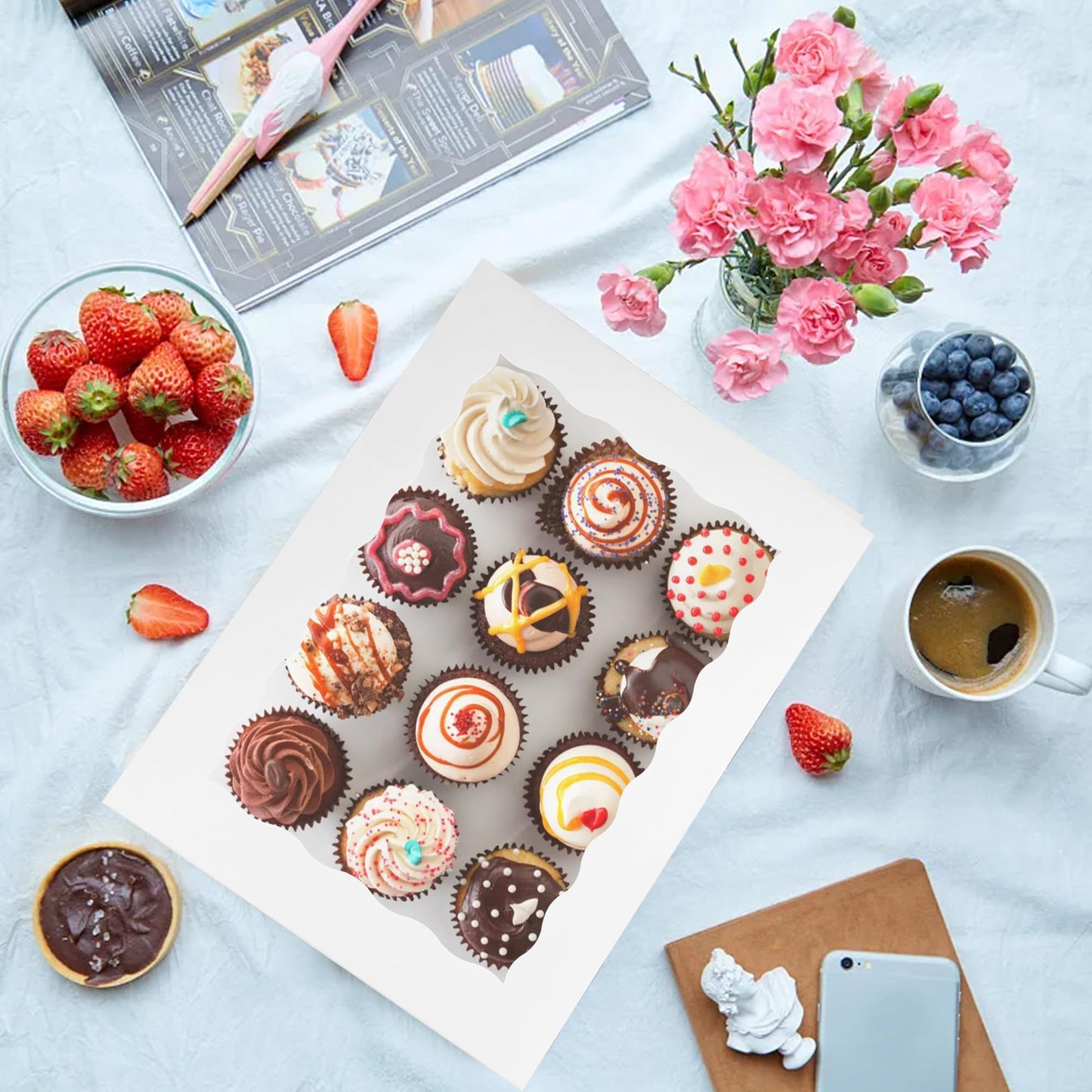 MUMULULU 12x8x2.5 Inches White Bakery Boxes with Window Cookie Boxes Treat Boxes for Desserts Cupcakes Muffins Donut Chocolate Strawberry (7)