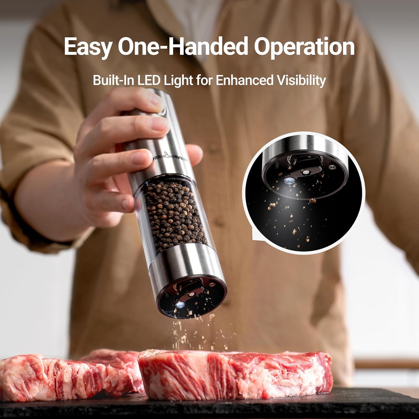 ThermoMaven Electric Salt and Pepper Grinder Set - 110ml Rechargeable Shakers with LED Light & 6 Coarseness Settings