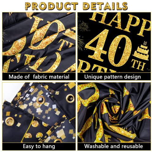 40th Birthday Decorations for Men Women - Happy 40th Birthday Banner Decorations Cheers to 40 Years Birthday Party Suppiles Black Gold Backdrop for 40th Birthday Party Favors Decor (71 x 45 inch)