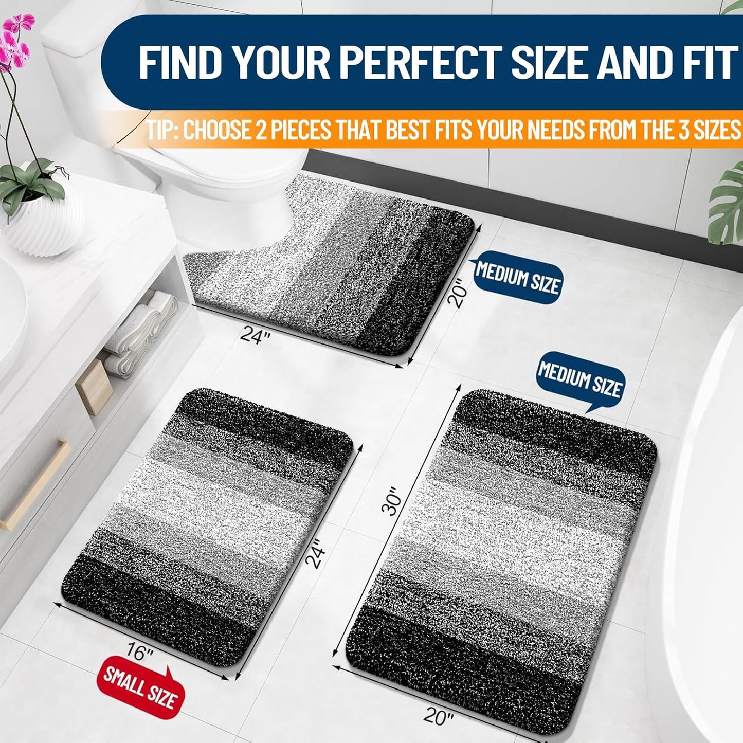OLANLY Bathroom Rug Set - Soft Absorbent Microfiber Mats & U-Shaped Toilet Rug | Non-Slip, Black (24"x16" + 24"x20")