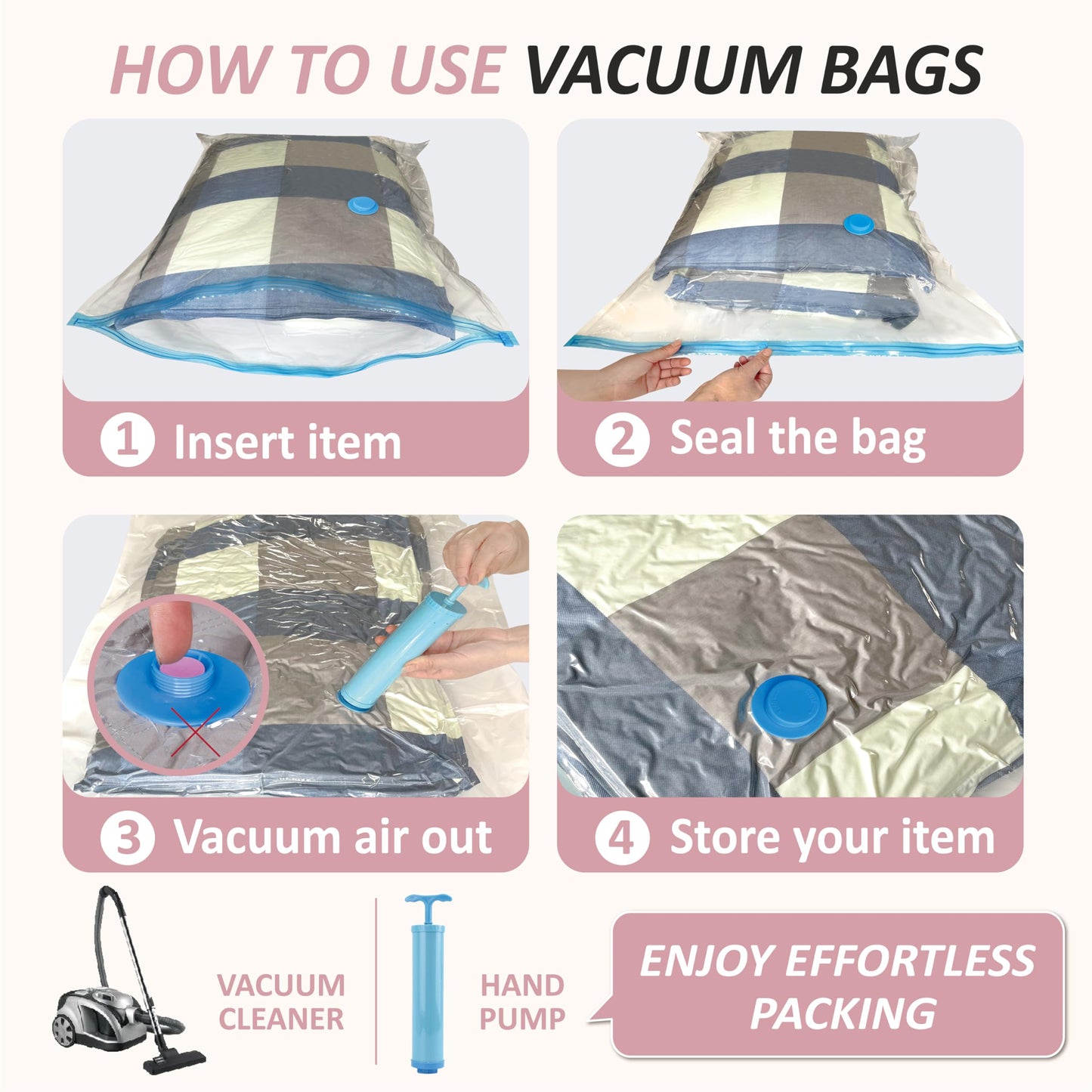 Cozy Essential Vacuum Storage Bags, 80% Compression Vacuum Seal Space Saver Plastic Packaging Bags for Clothes, Blankets, Pillow, Bedding, Comforters, Sealer Clothing Storage,6 XXL Jumbo