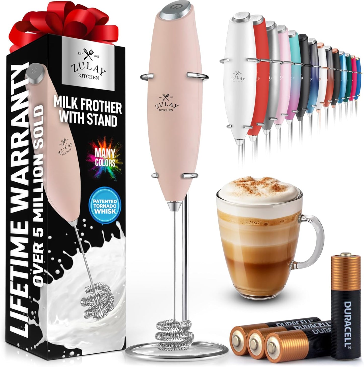 Zulay Kitchen Tornado Triple Whisk Milk Frother - Handheld Foam Maker for Coffee & Lattes - Spritz Pink