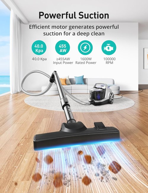 Aspiron Canister Vacuum Cleaner - 40Kpa Powerful Bagless Design | 4QT Dust Cup, Double HEPA Filter, Lightweight with 5 Tools - Mauve