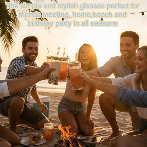 Icesip 4 Pcs 16 oz Glasses Cups with Bamboo Lids Straws Brush Hobnail Glass Tumbler with Straw and Lid for Juice Iced Coffee Soda Cocktail Juice