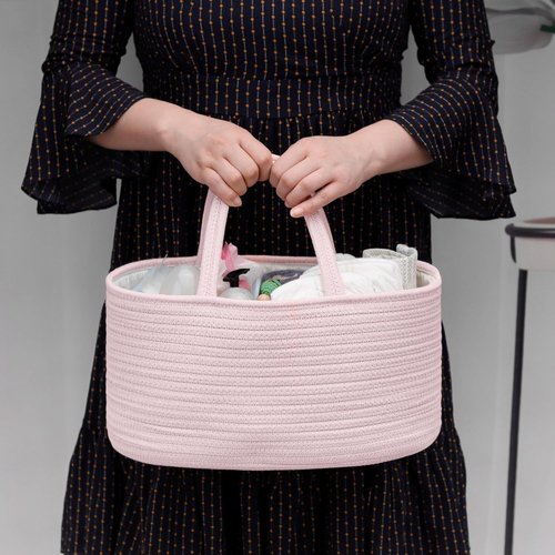 COMSE Baby Diaper Caddy Organizer - Portable Tote Bag with Divider for Newborn Essentials | Light Pink