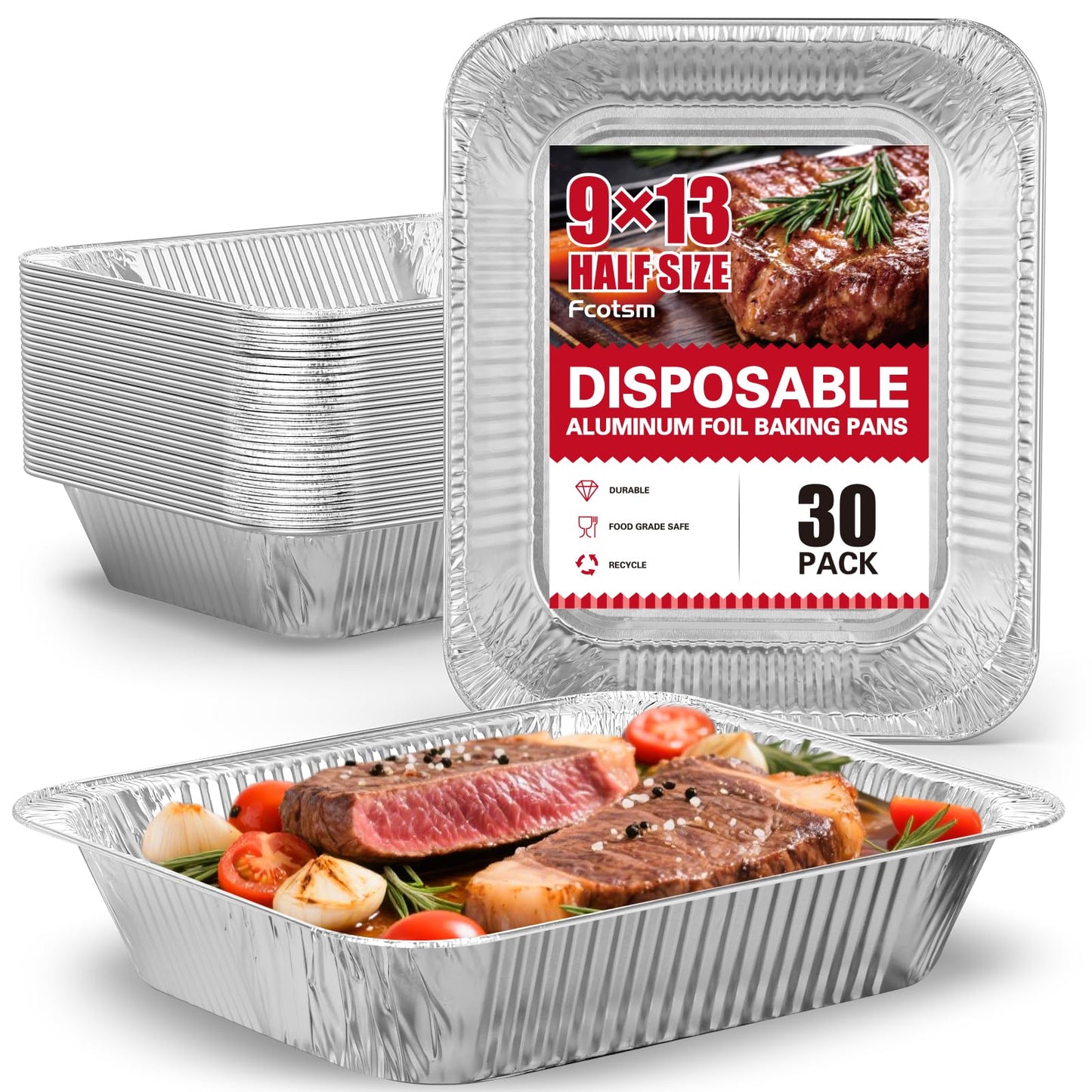 Aluminum Pans Half Size(30 Pack), 9x13, Heavy Duty Disposable Foil Pans for Baking, Roasting, Cooking, Heating, Storing, Deep Tin Foil Bakeware for Oven, Steam Table Tray, Cookware, Food Prepping