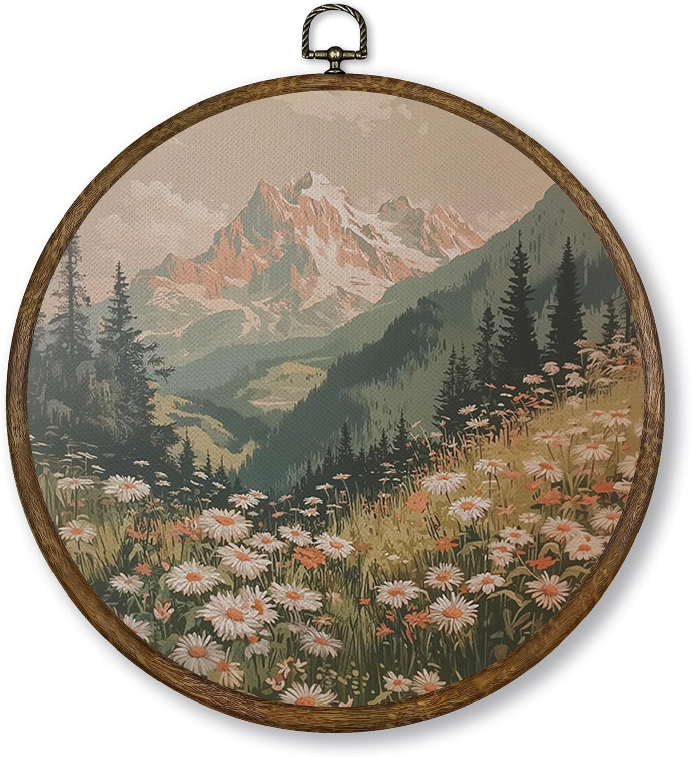 Qskjre Boho Wall Art - Vintage Mountain Flower Landscape Canvas Print | 10x10in Round Wood Frame