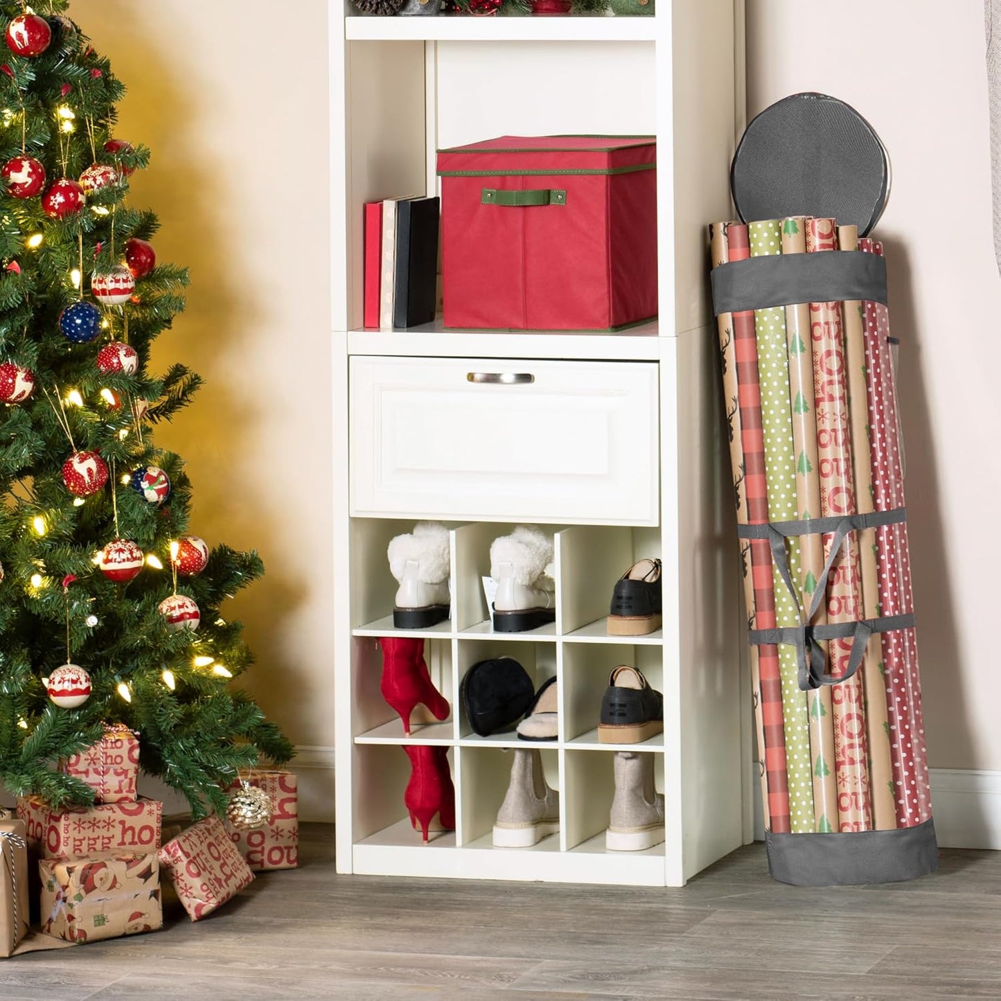 ZOBER Gift Wrap Organizer | 40-Inch Round Storage for 25 Rolls - Durable Clear PVC & 600D Oxford Fabric - Gray