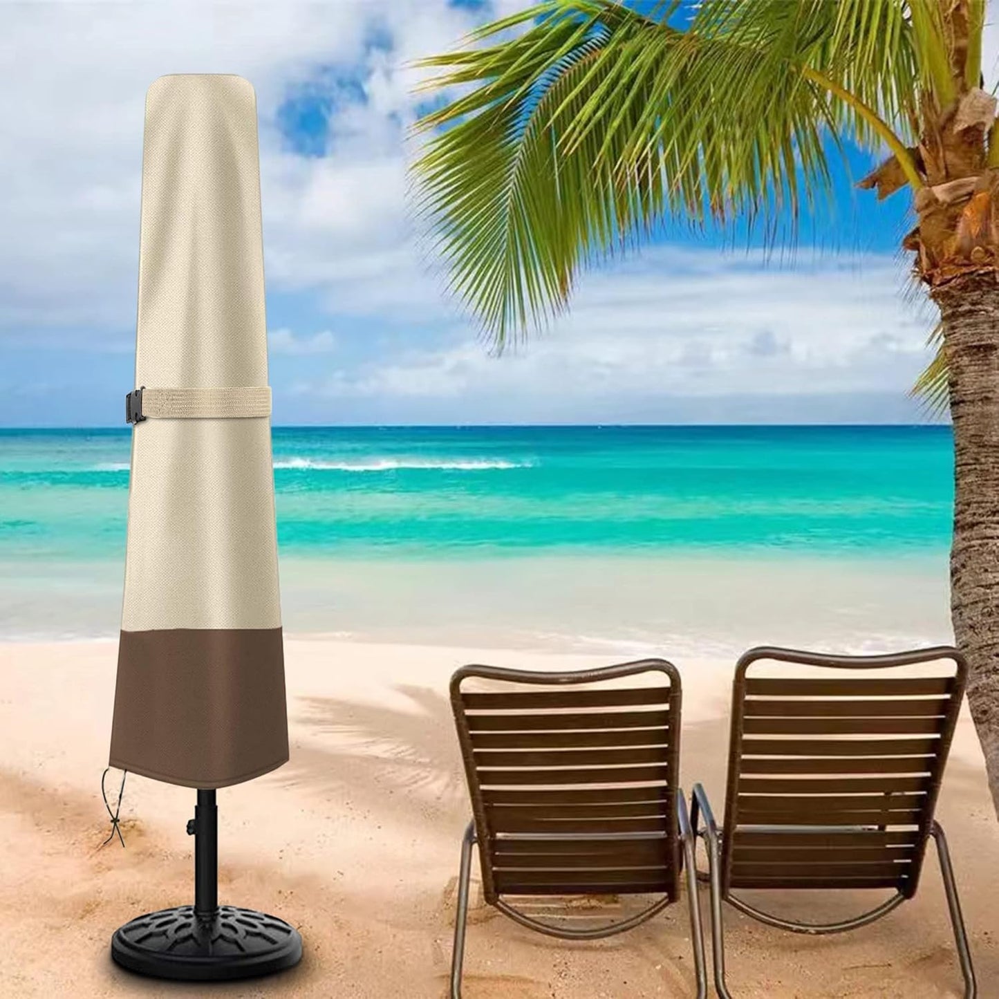 Patio Umbrella Cover - Heavy Duty 600D Oxford, Waterproof Protection for 7ft to 10ft Umbrellas | Beige & Brown