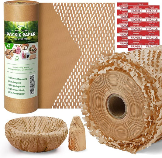 Honeycomb Packing Paper,12 inch x 200 ft Bubble Cushioning Wrap for Packing Moving,Products Gifts Wrapping Paper,Recyclable and Biodegradable Shipping Packing Materials with 20 Fragile Sticker Labels