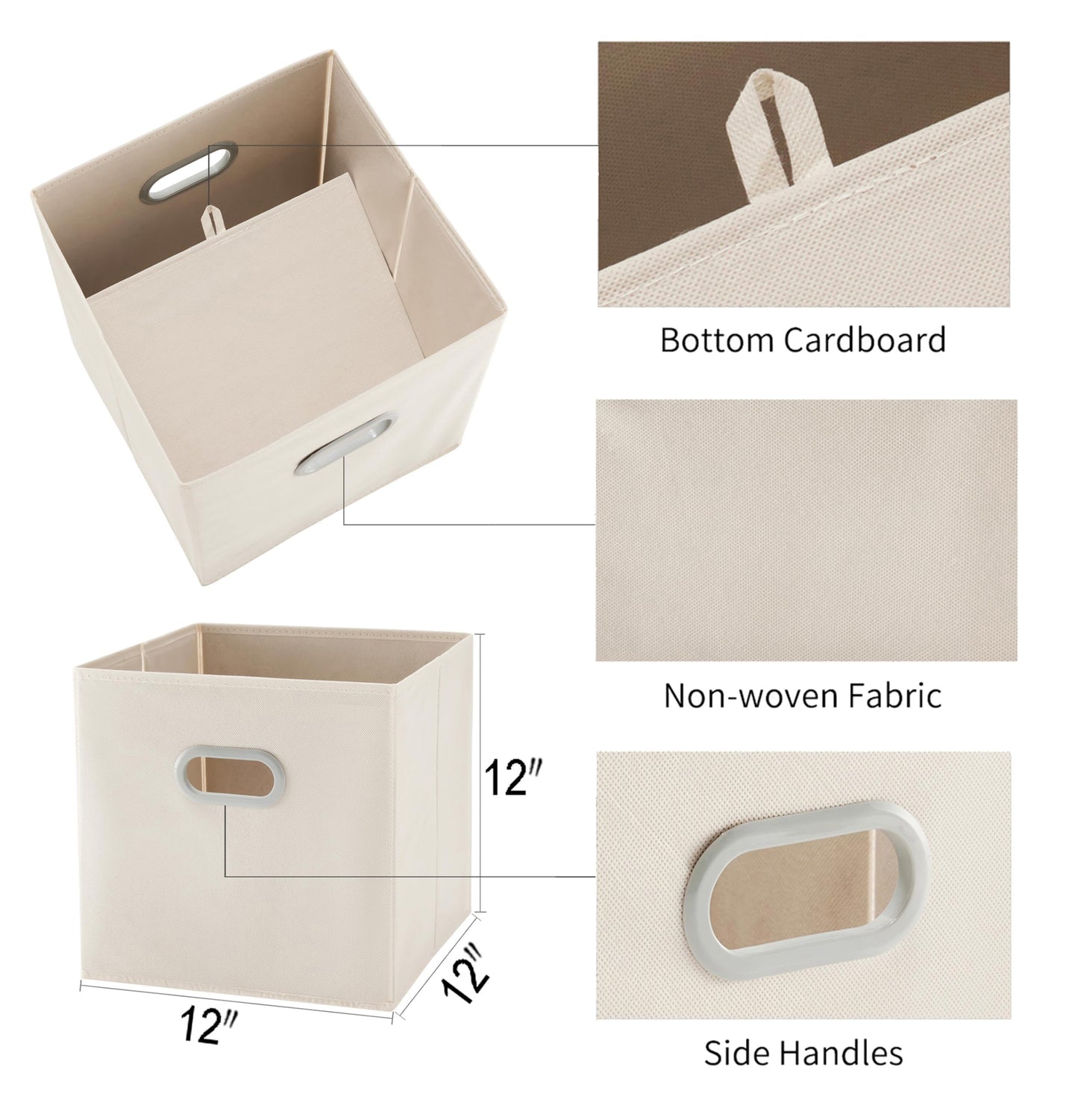 MAX Houser 6 Pack Foldable Fabric Storage Bins with Handles - Ideal for Closet Organization, Bedroom and Nursery（ Beige, 12"x12"x12"）