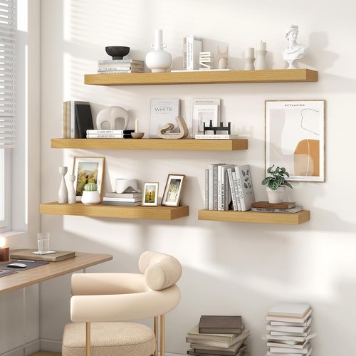 Heimlove Floating Wall Shelves - 16 Inch Oak Wood Shelves for Bathroom, Living Room & Office | Set of 2